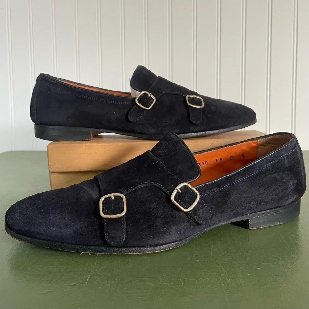 Santoni Men's Double Monk Strap Loafers in Midnight Blue Suede *Italy*